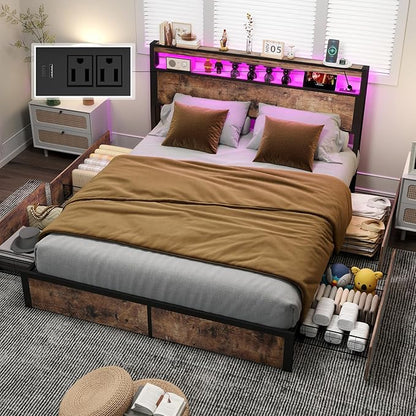 Full Size Bed Frame with 4 Storage Drawers and Headboard with Charging Station and LED Lights,2 Tier Solid Wood Headboard Storage,Noise Free, No Box Spring Needed/Remote/Vintage Brown