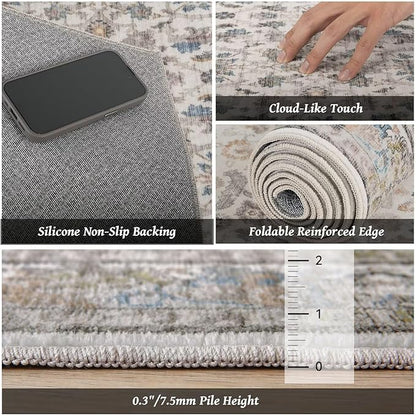 Washable 4x6 Rugs for Living Room, Boho Non-Slip Vintage Distress Small Rugs for Bedroom Nursery Office, 0.3" Neutral Oriental Throw Thin Carpet with Cushioning Pad,Cream/Blue/Orange/Multi