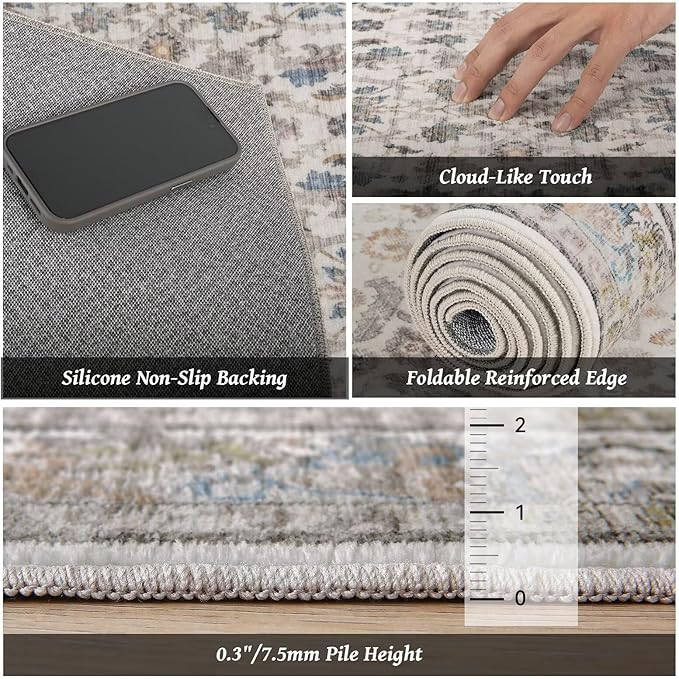 Washable 9x12 Area Rugs for Living Room, Boho Non-Slip Vintage Distress Lager Rugs for Bedroom Dining Room Nursery Office, 0.3" Neutral Oriental Throw Thin Carpet, Cream/Blue/Orange/Multi