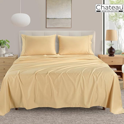 400 Thread Count Queen Cotton Sheet Set, 15" Deep Pocket Queen Sheet Set, Luxury Sateen Weave 4 Piece Naturally Cool Soft Breathable Elasticated Luxury Bedding For All Seasons- Semolina