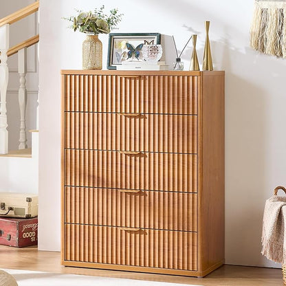 LEYAOYAO Fluted 5 Drawers Dresser Set of 2, 41" Tall Modern Chest of Drawers with Metal Handle, Curved Profile Dresser TV Stand, Wooden Drawer Organizer for Bedroom, Living Room, Hallway, Lightgrey