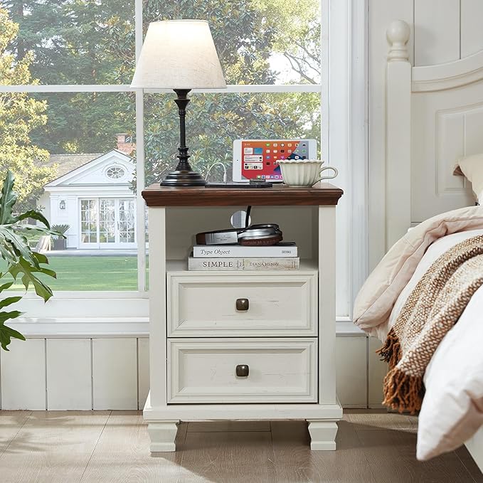 SAVOR LIFE Farmhouse Nightstand Set of 2 with Charging Station, Antique Nightstands with Drawers, Bedside Table with Open Shelf for Bedroom, White