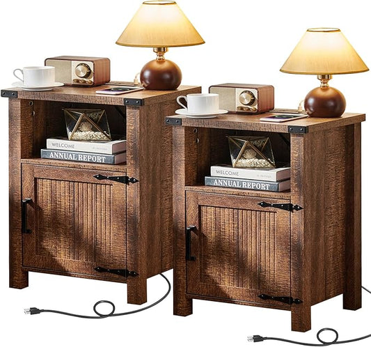 Joaxswe Night Stand Set of 2, 18 Inch Farmhouse Nightstand with with Charging Station and USB Port, Rustic Wood Bedside Table with Magnetic Door, Bed Side Tables for Bedroom, Reclaimed Barnwood
