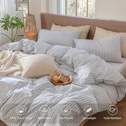 MooMee Striped Duvet Cover Set 100% Washed Cotton Linen Like Textured Breathable Durable Soft Comfy (Cornflower Blue White Classic Stripes, Super Queen 90"x98")