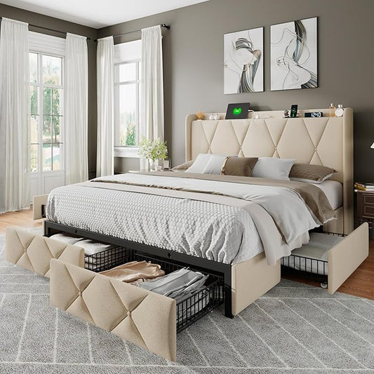 Feonase Queen Bed Frame with 4 Storage Drawers, Upholstered Button Tufted 4" Storage Headboard with Fast Charging Station, Heavy Duty Slats Support, No Box Spring Needed, Noise-Free, Beige