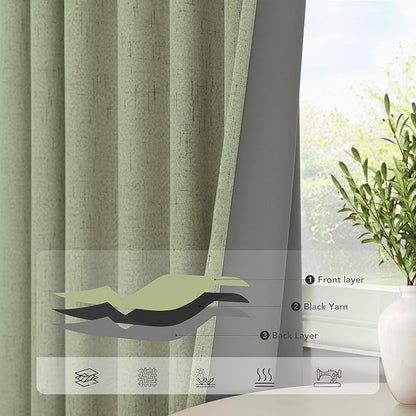 Pitalk Light Sage Green Black Out Curtains 63 Inch Long 2 Panel Set Back Tab Pleated Linen Textured Cute Blackout Curtains for Girls Bedroom Nursery Living Room Darkening Thermal Window Drapes Vintage