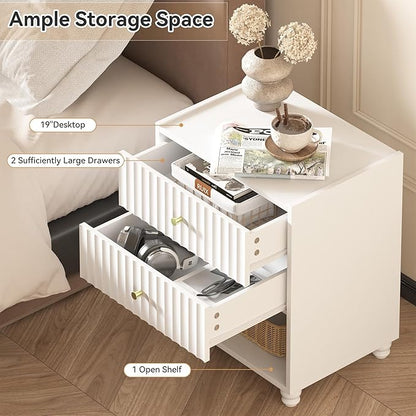 Modern Nightstand, Fluted End Table with 2 Drawers, Nightstand with Open Shelf for Bedroom (2, White)