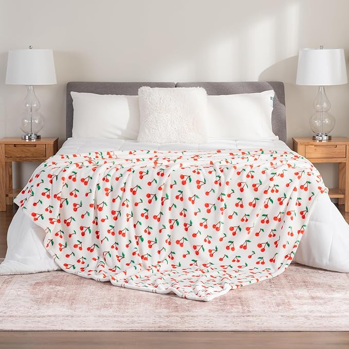 Berkshire Blanket-Classic Heavyweight Soft Printed VelvetLoft® Plush Warm Blanket, Twin Size Soft Fuzzy Blanket for Couch Sofa Bed, Cherries Toss White, 60in x 90in