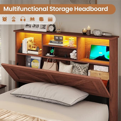 VIAGDO Farmhouse Bed Frame Twin Size with Bookcase Storage Headboard, Charging Station and LED Lights, Wooden Twin Bed Frames with 4 Drawers, Barn Door Design, No Box Spring Needed, Reddish Brown
