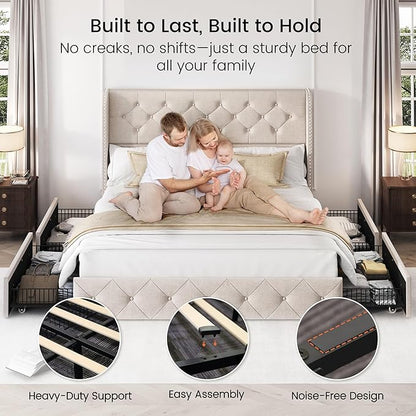 LARMACE Queen Size Bed Frame with 4 Storage Drawers and Tufted Headboard Linen Upholstered Platform Bed Frame Wingback Beds with Wooden Slats Support, Easy Assembly, Beige