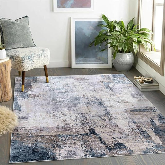 vivorug Washable Rug, Ultra Soft Area Rug 3x5, Non Slip Abstract Small Rug, Stain Resistant Rugs for Living Room Bedroom, Modern Fluffy (Gray/Navy, 3'x5')