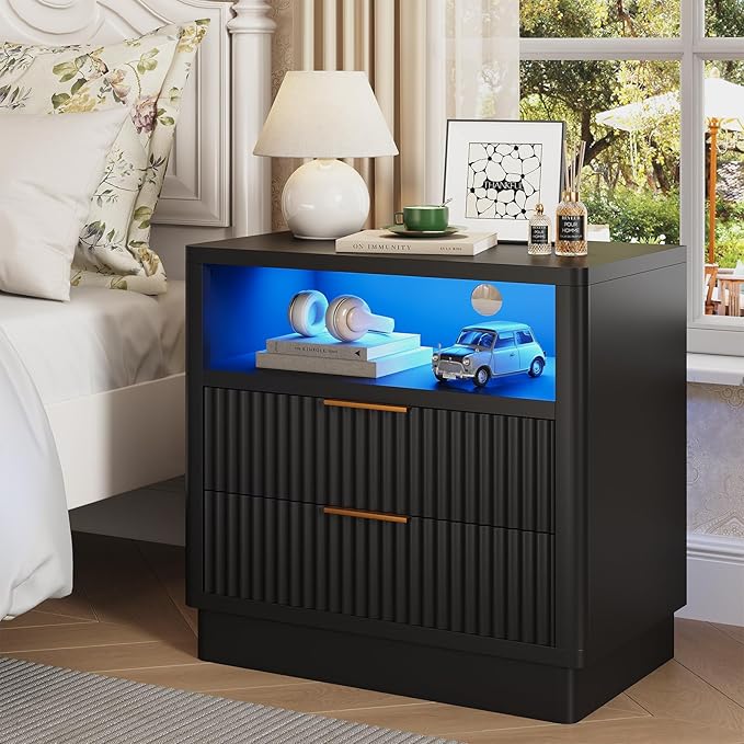 ELYKEN Black Fluted Nightstand with Charging Station & LED Light, 24" Wide Wood Night Stand for Bedroom, 2 Drawer Bedside Table with USB & Type-C Port for Bedroom