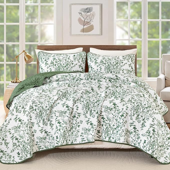 WONGS BEDDING Quilt King Size, Green Quilt Bedding Set with 2 Pillowcases, Botanical Quilt for King Bed, Soft Microfiber Lightweight Coverlet Bedspread for All Season (110"×90", 3 Pieces)