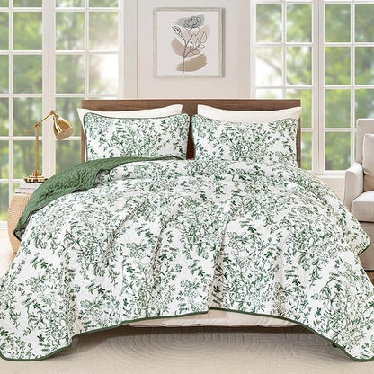WONGS BEDDING Quilt King Size, Green Quilt Bedding Set with 2 Pillowcases, Botanical Quilt for King Bed, Soft Microfiber Lightweight Coverlet Bedspread for All Season (110"×90", 3 Pieces)