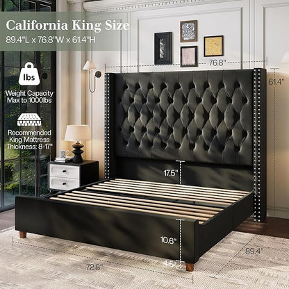 Jocisland California King Bed Frame with 61.4" Tall Wingback Headboard, Velvet Upholstered Platform Bed, Handcrafted Pleats& Deep Button Tufted, Solid Wood Legs, No Box Spring Required, Black