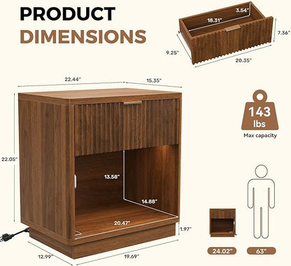 Miereirl Fluted Nightstands with Charging Station, LED Nightstand with Rounded Edge, Walnut-CP-1