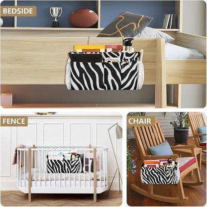 Bedside Caddy Hanging Bunk Bed Caddy Bed Organizer Hanging Pocket with 2 Hooks Bedside Storage Organizer Pocket Bag Holder White Black Zebra Print