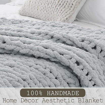 Chunky Knit Throw Blanket 50"X 60", 100% Handmade with Soft Chenille Yarn, 4.4lbs Thick Cable Knitted Blankets, Large Rope Knot Crochet Throws for Couch Sofa Bed Home Decor, Light Grey