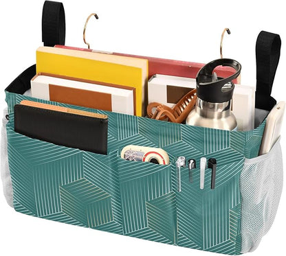 Bedside Caddy Hanging Bunk Bed Caddy Bed Organizer Hanging Pocket with 2 Hooks Bedside Storage Organizer Pocket Bag Holder Geometric Green