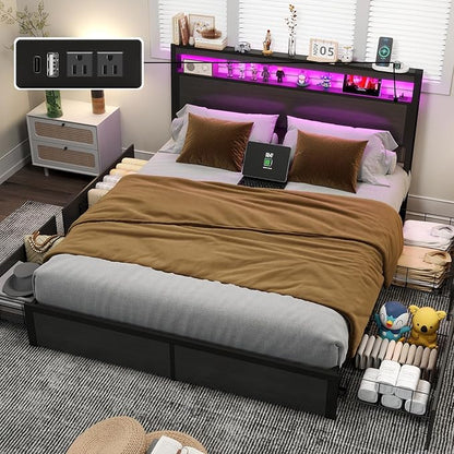 King Bed Frame with Storage Headboard and 4 Drawers, Metal Platform Bed Frame with LED Light, Charging Station, No Box Spring Needed, Noise Free, Easy Assembly,Charcoal Grey