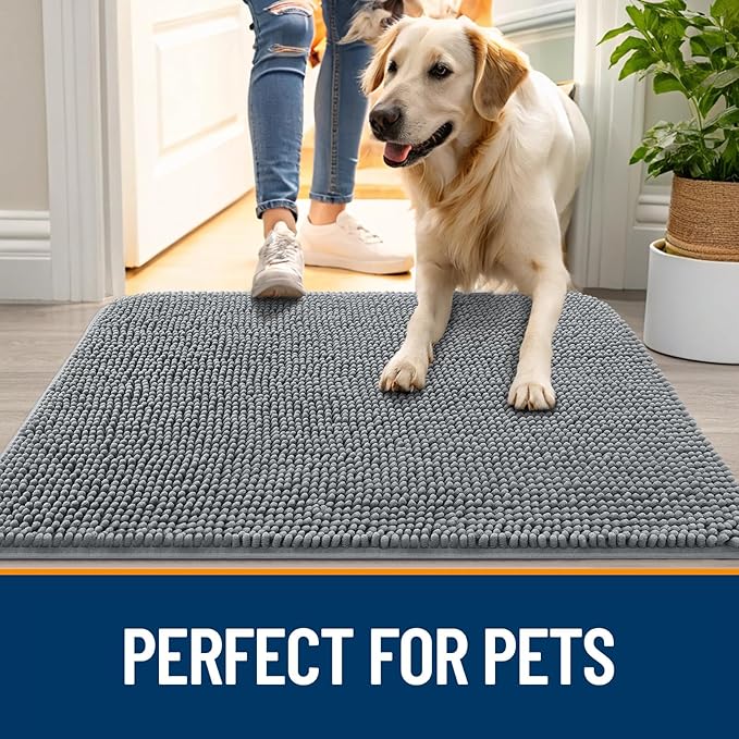 OLANLY Dog Door Mat for Muddy Paws 70x32, Absorbs Moisture and Dirt, Absorbent Non-Slip Washable Doormat, Quick Dry Chenille Mud Mat for Dogs, Entry Indoor Entryway Carpet for Inside Floor, Grey