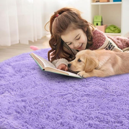 OLANLY Light Purple Round Rugs for Bedroom - Machine Washable, 8 ft Circle Area Rugs for Living Room, Soft and Fluffy Shaggy Carpet for Teen Girls and Boys, Nursery Rooms, Dorms, Home Decor Aesthetic