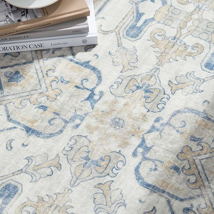jinchan Round Rug 5ft Area Rug Indoor Vintage Floral Circle 5' Washable Ultra-Thin Low Pile Soft Small Non Slip Distressed Print for Living Room Dining Room Bedroom Entryway Blue