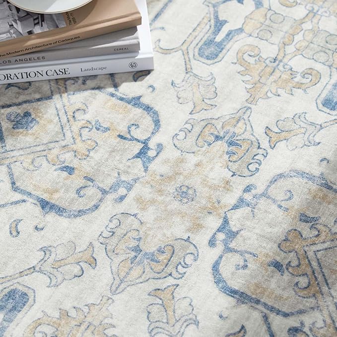 jinchan Round Rug 6ft Area Rug Vintage Floor Mat Kitchen Indoor Ultra-Thin Soft Floral Print Washable Circle 6' Accent for Farmhouse Non Slip Dining Room Living Room Bedroom Office Blue