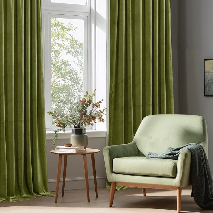 StangH Elegant Olive Green Velvet Curtains Christmas Decor Thermal Insulated Room Darkening Drapes for Home & Office, Heavy Soft Curtains, W52 x L100, 2 Panels