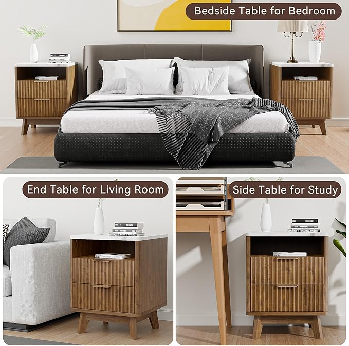 Fluted Nightstand with 2 Drawers, 18" Modern Night Stand with Faux Marble Top, Open Storage Shelf, Curved Edge Bedside Table for Bedroom, End Side Table (2, Walnut)