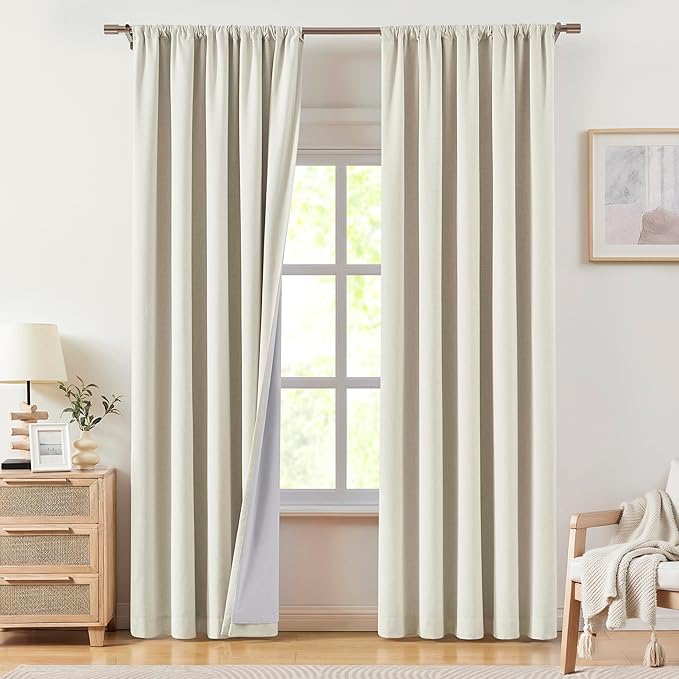 Vision Home Natural Linen Full Blackout Curtains 90 inch Long for Bedroom Living Room Darkening Soundproof Window Panels Energy Efficient Rod Pocket Back Tab Neutral Drapes 56" Wx90 Lx2
