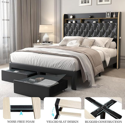 Queen LED Bed Frame with 2 Storage Drawers, PU Upholstered Platform Beds with Galaxy Star Projector Charging Station Speaker, Aurora Bedframe with 2-Tier Storage Headboard, Noise-Free, Black