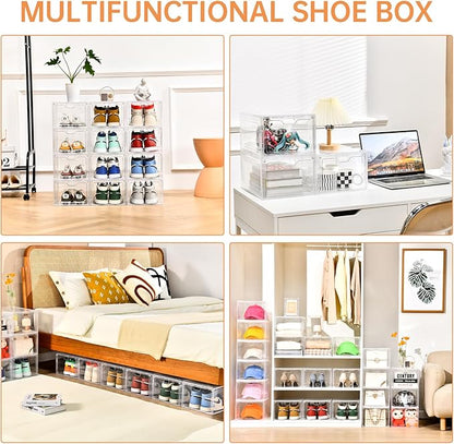 6 Pack Large Shoe Storage Box, Clear Shoe Storage Organizer with Magnetic Door, Stackable,Shoe Containers For Display Sneakers, Easy Assembly, Fit up to US Size 12, Clear