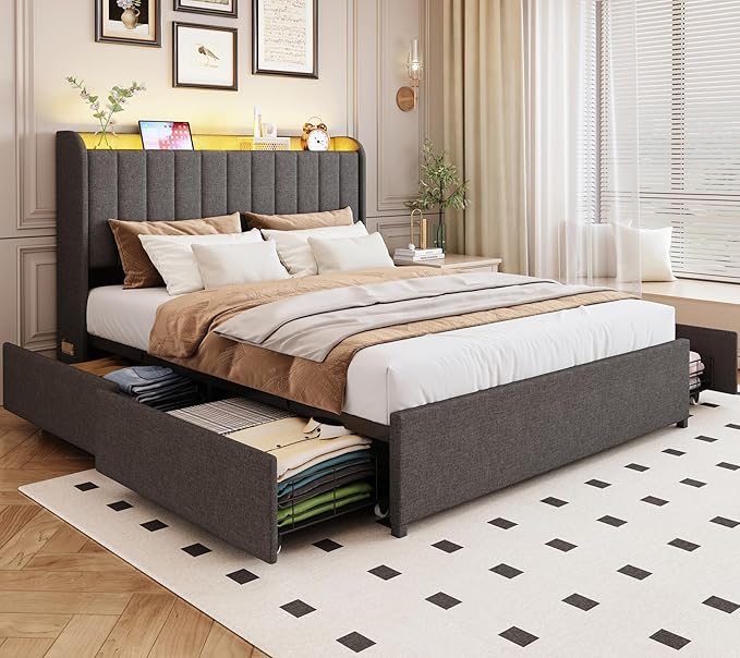 Queen Bed Frame with 4 Drawers and Storage Headboard, Upholstered Platform Bed Frame Queen Size with Led Lights and Handy Charging Station, No Box Spring Needed, Easy Assembly, Noise Free, Gray