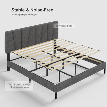 King Size Bed Frame with Fabric Upholstered Headboard, Platform Bed with Wooden Slats Support, Fully Mattress Foundation, Box Spring Optional, Easy Assembly