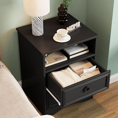 Set of 2 Large Night Stand with Drawers, 17.7" W Nightstand with 2 Drawers, Accent Bed Side Table and End Table with Large Open Storage for Bedroom, Living Room,Black