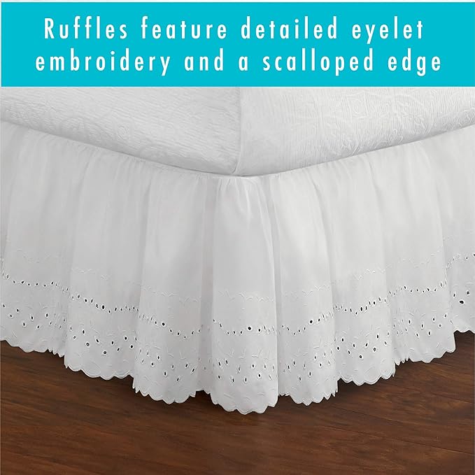 Fresh Ideas Eyelet Bed Skirt, Ruffled Design, 18 Inch Drop, Embroidered Scalloped Edge, Full, White