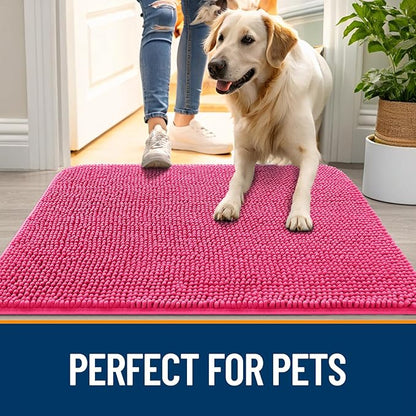 OLANLY Dog Door Mat for Muddy Paws 34x21, Absorbs Moisture and Dirt, Absorbent Non-Slip Washable Doormat, Quick Dry Chenille Mud Mat for Dogs, Entry Indoor Entryway Carpet for Inside Floor, Hot Pink
