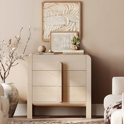 WAMPAT 3 Drawer Dresser for Bedroom,31.5" Wide Mid Century Modern Wide Chest of Drawer, Wood Tall Nightstand with Curved Edge Handles, Closet Dresser TV Stand for Bedroom, Beige