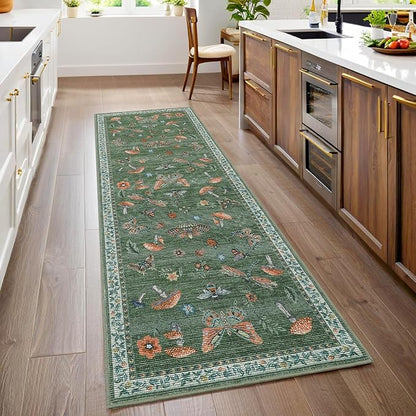 2.5x8 Runner Rug for Hallway Washable Kitchen Rugs Non Slip with Rubber Back Mushroom Soft Low-Pile Stain Resistant Foldable Indoor Carpet for Entryway Laundry Room Floor Mats Green