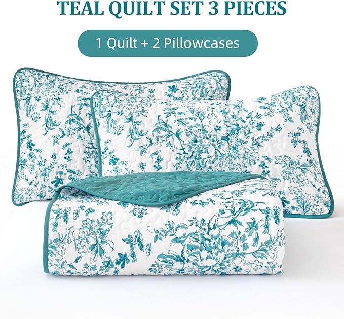 WONGS BEDDING Quilt King Size, Teal Quilt Bedding Set with 2 Pillowcases, Botanical Quilt for King Bed, Soft Microfiber Lightweight Coverlet Bedspread for All Season (110"×90", 3 Pieces)