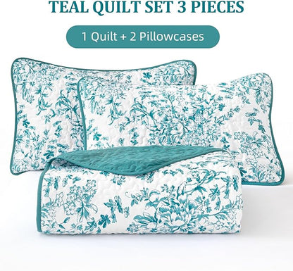 WONGS BEDDING Quilt King Size, Teal Quilt Bedding Set with 2 Pillowcases, Botanical Quilt for King Bed, Soft Microfiber Lightweight Coverlet Bedspread for All Season (110"×90", 3 Pieces)