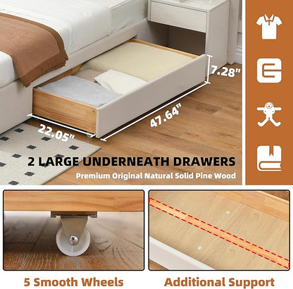 King Bed Frame with Storage & Built-in Nightstands, Velvet Upholstered Platform Bed Frame with Drawers & 2 Floating Storage Shelves, Noise-Free, No Box Spring Needed, Easy Assembly, Beige