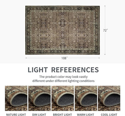 6x9 Vintage Washable Area Rug for Living Room,Low Pile Non Slip Carpet Non-Shedding Area Rug Soft Indoor Stain Resistant Rug Floral Print Mat for Bedroom Dining Room Brown Floral