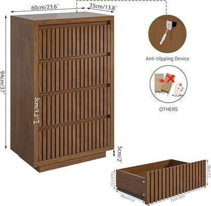 Fluted 4 Drawer Dresser, Mid Century Small Dresser for Bedroom, Wood Chest of Drawers, Modern Closet Clothes Organizer, Walnut Wooden Storage for Living Room, Brown