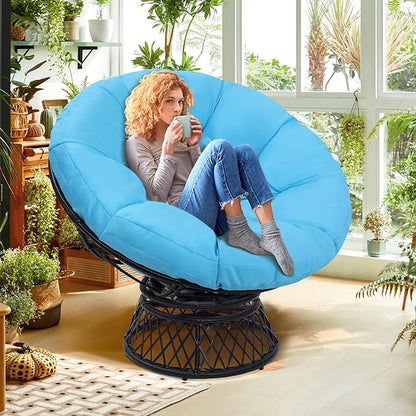 46" Giant Oversized Rattan Papasan Chair with Cushion and Frame for Adults, Fluid 360° Swivel, Waterproof, Black Frame with Blue Cushion