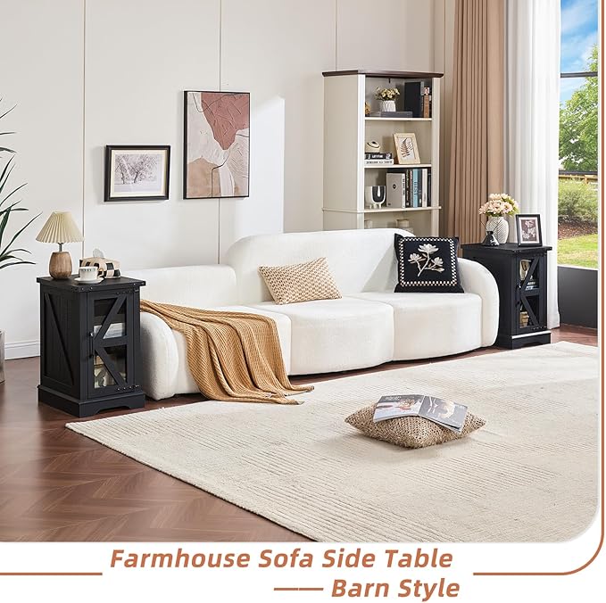 Farmhouse End Table Set 2, Narrow 18'' Night Stand with Glass Barn Door, 24" Square Side Table with Charger Station, Living Room Furniture Sets, Wood Nightstand Bedside Tables for Bedroom