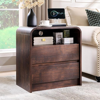 25" Tall Modern Nightstand Set of 2, 23.6'' Wide Wood Bedside Table w/2 Storage Drawers, Charging Station,Mid Century End Table for Bedroom, Living Room, Curved Profile Design, Brown