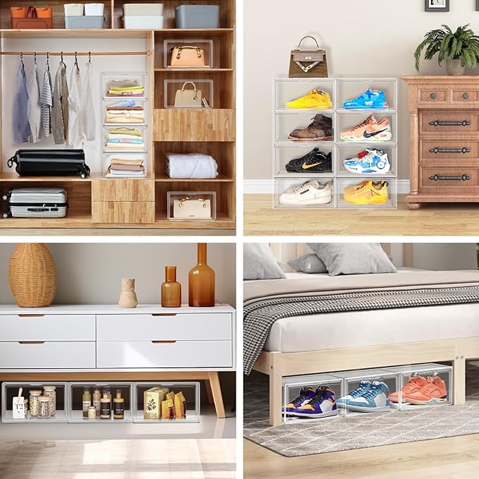 Size 12 Acrylic Shoe Boxes,12 Pack Shoe Display Cases Clear Plastic Stackable Shoe Container Hat Sneaker Storage Bins, Fit Up to US Men's/Women's Size 12 Shoes