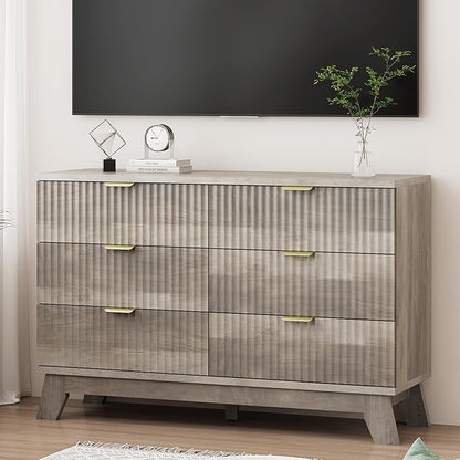 Fluted Dresser for Bedroom with 6 Drawers, 48" Wide Modern Chest of Drawers with Metal Handle, Wooden Dresser TV Stand, Wood Closet Clothes Storage Organizer for Living Room, Hallway, Grey